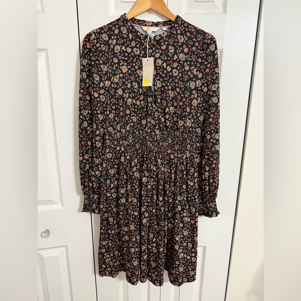 NWT Boden Black Floral Smocked Jersey Shirt Dress size 8L